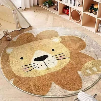 Slaapkamerdecoratie in cartoonstijl leeuwenpatroon Tapijt Leuke Ronde Vloerkleden voor Woonkamer Pluche Bedkleed Fluffy Zachte Vloermat 60*60cm