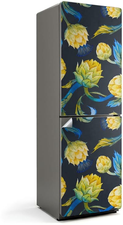 Wallfluent Koelkaststickers - Schilderachtig bloemenpatroon Koelkast Folie - 60 cm x 190 cm - Geel Koelkaststickers - Koelkast Wrap - Koelkast Decoratie - Waterdichte Koelkast Sticker - Koelkast Design
