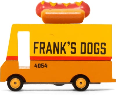Candycar Vans: HOT DOG VAN (F171) 8,4x4,1x6,5cm, wooden diecast, in giftbox, 3+