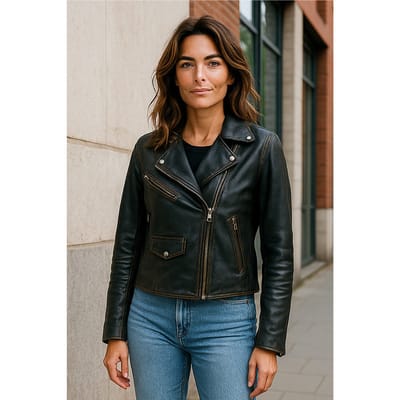 Vintage zwarte klassieke Brando biker leren damesjack - Soweto