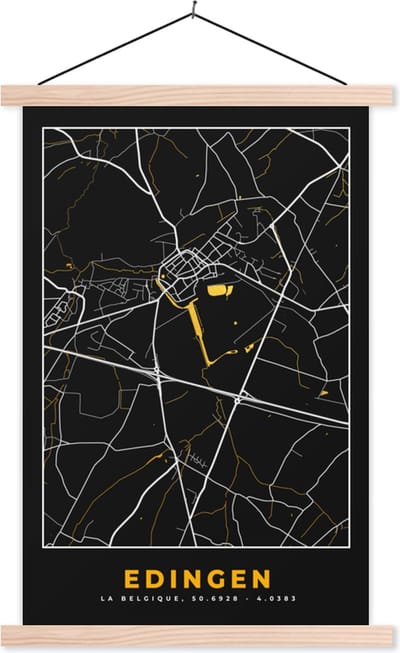 Posterhanger incl. Poster 40x60 cm - Schoolplaat - Plattegrond - Kaart - Goud - Edingen - Stadskaart - Textielposter - Blanke latten - Stadskaart
