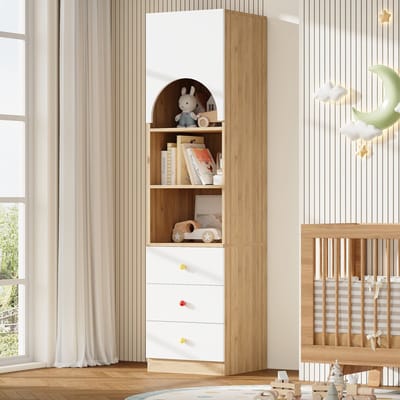 PHOEBE CAT Boekenkast - Vitrinekast - 3 lades - Keramische handgrepen - Houtlook - 50 × 50 × 200 cm - Wit + Naturel