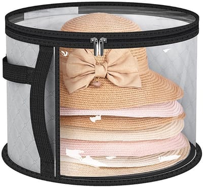 longziming -Hoedenopbergtas - pvouwbare Hoed Opbergdozen - Ronde opvouwbare hoedendoos - Vliesstoff - Grijs - Extra Grote Transparante Hoedenopbergzak Voor Dames Met Inklapbare Constructie - 1 Stuk - Voor Uitgebreide Collectie