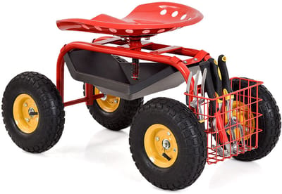 COSTWAY Rolzitje met wielen, 360 graden draaibaar, in hoogte verstelbaar, tuinzitje met plank en mand, tot 150 kg, brede rubberen banden, tuinrolstoel voor tuinieren, werkstoel, tuinwagen, metaal,