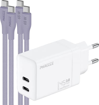 Phreeze 45w oplaadset met 2 usb C kabels voor tegelijk snelladen telefoon en tablet - 45 W Power Adapter - Dual usb C poorten - Paars