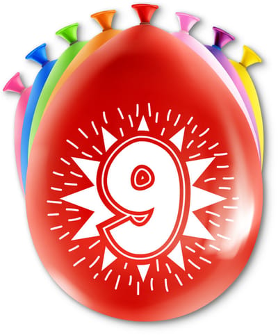 LUQ – Latex Ballonnen Happy Party 9 Jaar – 8 Stuks – Veelkleurig – Verjaardag Decor – Feest Versiering – Helium Ready