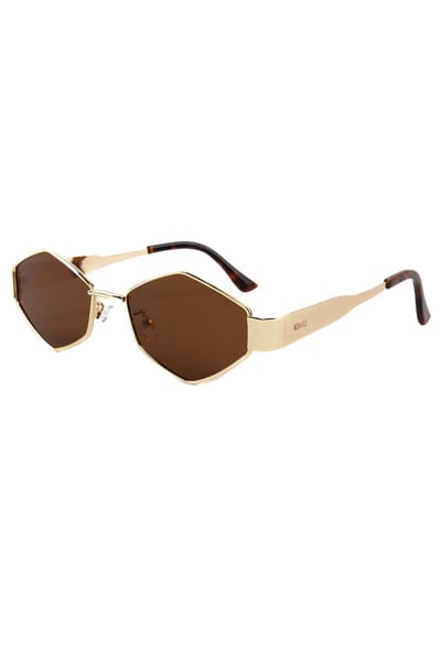 KIMU® Zeshoek Smalle Zonnebril - Goud Montuur Kunststof - Bruine Glazen - Zonnebril Bril Modern Hip Mode Rage Hexagon Retro Heren Dames Festival