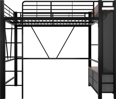 Hoogslaperbed 90×200 cm, zonder matras, stevig metalen frame met kledingrek, planken, 4 laden, USB + Type-C poorten en LED-sfeerverlichting, inclusief reling, ladder en ophangpaneel, multifunctionele opbergruimte 227,5 × 95 × 180 cm, zwart