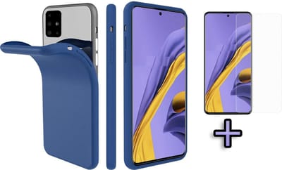 HB Hoesje Geschikt voor Samsung Galaxy A71 - Siliconen Back Cover + Tempered Glazen Screenprotector - Donker Blauw