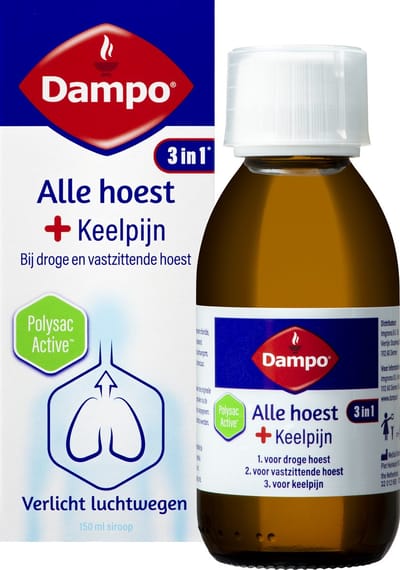 Dampo 3 in 1 Alle Hoest + Keelpijn - Bij droge en vastzittende hoest - Bij keelpijn - Verlicht de luchtwegen - Hoestdrank - Medisch hulpmiddel - 150 ml