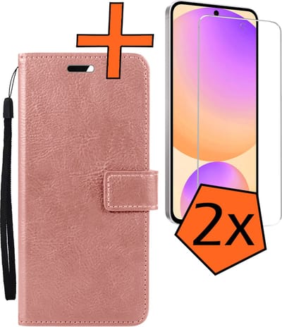 Hoes - Met 2x Screenprotector - Geschikt voor Samsung Galaxy S24 FE - Luxe Pasjeshouder - Bookcase Portemonee - Flip Case - Kunstleer Book Case - Flipcase Hoes - Book Cover - Walletcase - PortemonneeHoes - Rosé goud