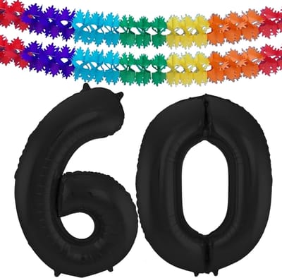 Folat folie ballonnen - Leeftijd cijfer 60 - zwart - 86 cm - en 2x feestslingers gekleurd 600 cm - versiering - feestartikelen
