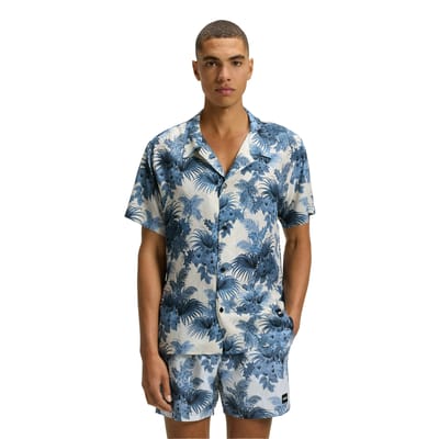Boss Heren Gebloemd Normaal Overhemd Met Korte Mouwen (Blauw)
