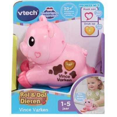 Druk op het hartje voor leuke weetjes en raak zijn wang aan voor een kusje, knor of giechel.