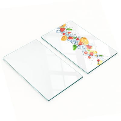 Glazen serveerplanken voor in de keuken met afbeelding van fruit en ijs, 2x30x52 cm