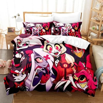 3D Print Hazbin Hotels Beddengoed Set Eenpersoons Twin Volledig Queen King Maat Bedset Volwassene Kind Slaapkamer Dekbedovertrek Sets AU Single(140x210cm)