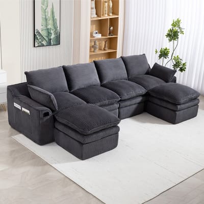 DESMIU Bank Set 335 x 167 x 85 cm - Modulair Vrij Combineerbaar Met 2 Hockers En Zijvakken - Voor Woonkamer En Kantoor - Corduroy Donkergrijs