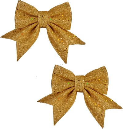 Krist+ Kersthangers - strikken - 2x ST - gouden glitters - strikjes - 14 cm - kerstboomversiering