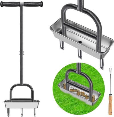Handmatige gazonventilator en irrigator met legbak, rubberen handgreep, verticuteerder en beluchter voor gezonde grasgroei en optimale luchtcirculatie