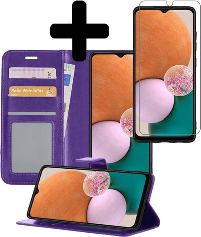 Hoesje - Met Screenprotector - Geschikt voor Samsung Galaxy A13 4G - Luxe Pasjeshouder - Bookcase Portemonee - Flip Case - Kunstleer Book Case - Flipcase - Book Cover - Walletcase - Portemonneehoes - Telefoonhoesjes - Paars