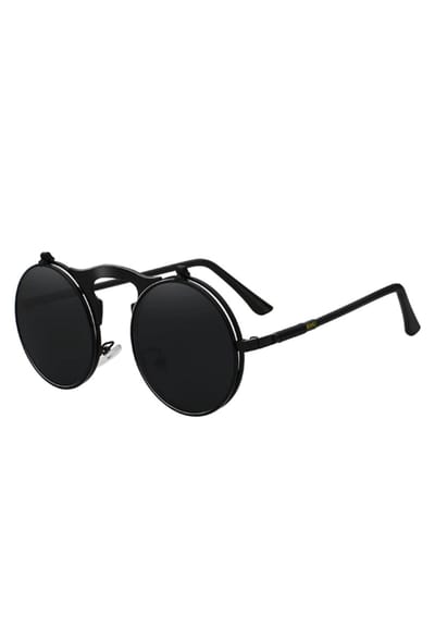 KIMU® Ronde Zonnebril Flip Up - Zwart Montuur Rond - Zwarte Glazen - Vintage Steampunk Retro Opklapbaar Bril Festival
