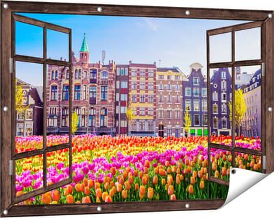 Gards Tuinposter Doorkijk Amsterdamse Huisjes met Tulpen - Kleur - 120x80 cm - Tuindoek - Tuindecoratie - Wanddecoratie buiten - Tuinschilderij
