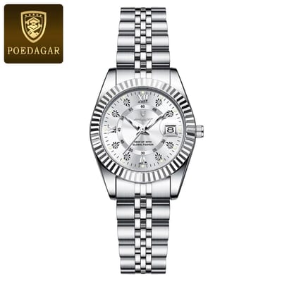 POEDAGAR 780 dameshorloge (Zilver & Wit) | Rond Dames Polshorloge | Luxe Quartz Horloge | Waterdicht Lichtgevende -Kwarts Horloges RVS Band Met Lichtgevende Wijzers, Datumweergave, Blauwe Wijzerplaat, Perfect Voor Zakelijk En Casual| ⌀ 28mm