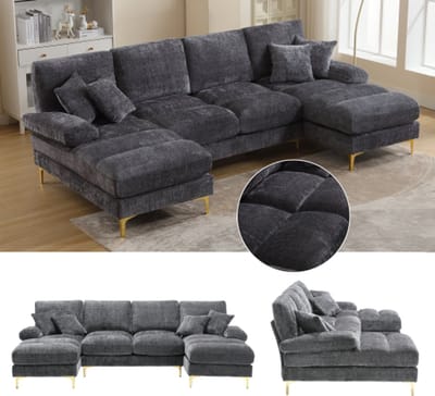 Moderne, grote U-vormige hoekbank van chenille met dubbele relaxfauteuils voor de woonkamer, slaapkamer, kantoor, appartement, villa, zitkamer of huis bij de open haard