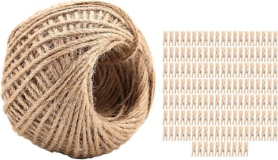 Mini Houten Wasknijpers - 250 Stuks, Inclusief 50 Meter Jute Touw voor Creatieve Klussen en Decoratie
