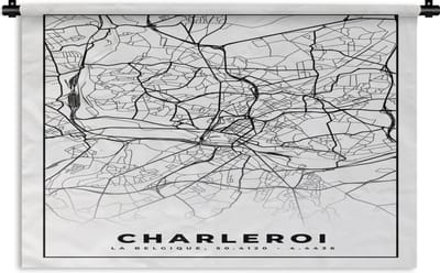 Wandkleed - Wanddoek - Plattegrond – Charleroi – Zwart Wit – Stadskaart - Kaart - België - 180x120 cm - Wandtapijt
