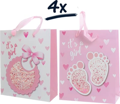 Set van 4 Stevige Draagtassen - Babyshower Cadeautasjes voor Meisje (Girl) met Confetti Design (19,5x23,5x8)