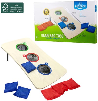 Outdoor Play pittenzak werpspel FSC houten speelgoed.