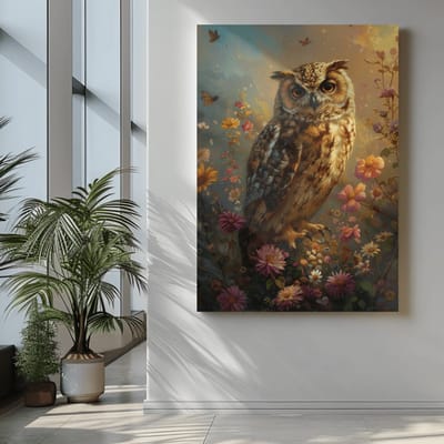 Canvas Schilderij Vogels - Uil met Bloemen - Wanddecoratie - 60x40x2 cm