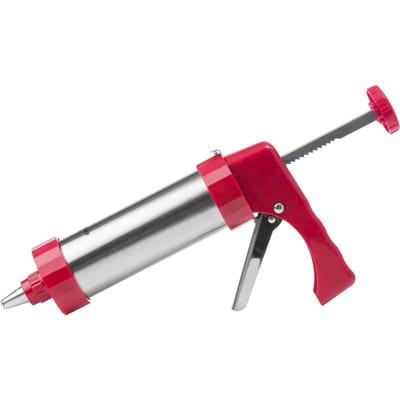 Westmark Koekpers/decoratiespuit, met 8 sjablonen en 8 spuitmonden, inhoud: 250 ml, roestvrij staal/kunststof, zilver/rood, 32332260