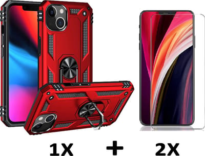 HB Hoesje Geschikt voor Apple iPhone 13 - Rood / 2X Glazen Screenprotector - Anti-Shock Hybrid Armor Back Cover - Hoes met Kickstand Ring