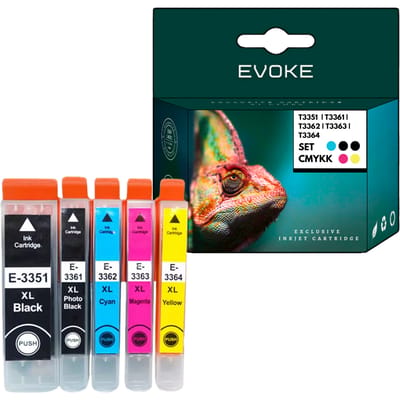 Evoke Compatibele Inkt voor Epson 33XL T3351 T3361 T3362 T3363 T3364 5X:Pgbk Zwart Pigment+Photo Zwart+Cyan+Magenta+Geel 74 ml 4410 Pagina's Expression Premium Xp-530 540 630 635 640 645 830 900 7100