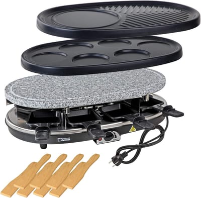 3-in-1 Raclette Grill met Hete Steen en Pannenkoekenplaat - 1500W