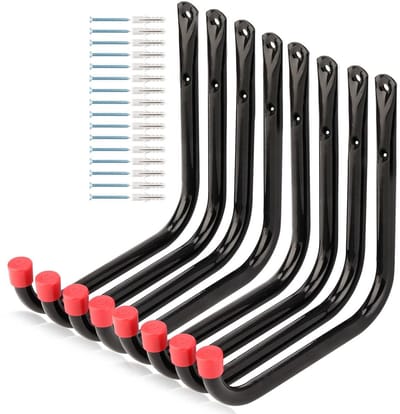8 stuks zware garageopslag utility haken, 17 cm wandhangers ladderhaken voor tuingereedschap, fiets, stoel, slang, buiten of binnen (zwart + rood, 17 cm x 17 cm)