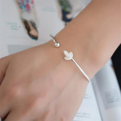 Bracelet ajustable en argent sterling 925 avec motif feuille simple pour femme, manchette, Sl044 beige