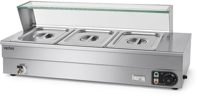 VERTES Gerechtenverwarmer Buffetverwarmer Warmhoudbak voor gerechten Elektrisch 1500 W van roestvrij staal (incl. 3 x 1/2 GN-bakken met deksel, 10 l, aftapkraan, glazen afdekking, bain-marie, 30-85 °C)