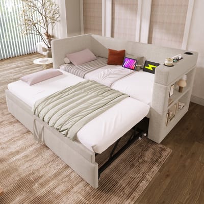OKWISH Eenpersoonsbed 90x190 cm – Daybed Met Uitschuifbed – Armleuning Met 3x USB + 1x Type-C – Katoen-Linnen – Beige Zonder Matras