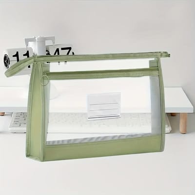 Rangement de documents en maille transparente A4 grande capacité, Fermeture éclair double couche, Pochette d'organisation scolaire portable, Fabriqué en matériau polyester vert
