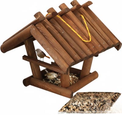 Famanu – Hangend vogelvoederhuisje van hout - 27 x 28 x 26 cm - bruine kleur - geschikt voor circa 0,5 kg vogelvoer - weerbestendig en duurzaam - ideaal voor tuin, balkon of terras