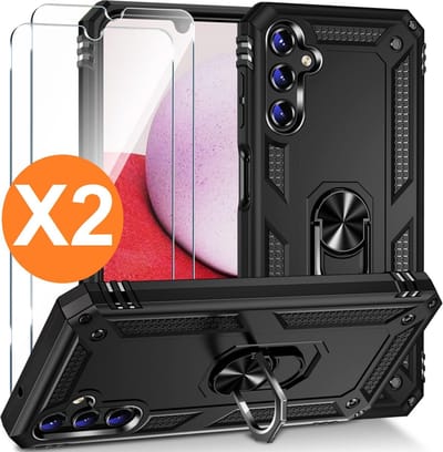 Hoesje Geschikt voor Samsung Galaxy A14 Hoesje Zwart Anti-Shock Hybrid Armor hoesje Met Draaibare Ring Houder - Samsung A14 5G Screenprotector 2 pack