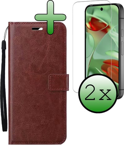 Hoesje Met 2x Screenprotector - Geschikt voor Google Pixel 10 - Luxe Pasjeshouder - Bookcase Portemonee - Flip Case - Kunstleer Book Case - Flipcase Hoes - Book Cover - Walletcase - Portemonneehoes - Bruin