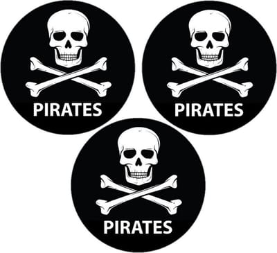 Piraten thema deur / muur sticker - Set van 12x stuks - zwart - Dia 15 cm - rond - Feestartikelen - versieringen - Jolly Roger vlag