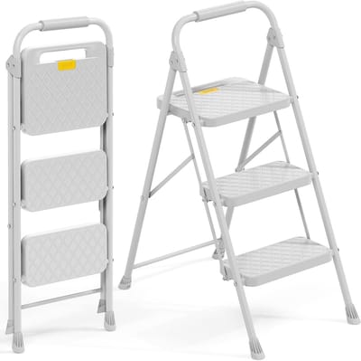 Inklapbare Trapladder - Huishoudladder Opstap - Veilig Klussen - Comfortabele Leuning - 3 Treden - Grijs