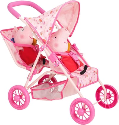 Dubbele Roze Tandem Kinderwagen voor Speelgoedpoppen - Opvouwbare Paraplu Kinderwagen voor Rollenspel
