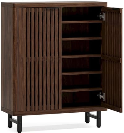 VIEMAE Schoenenkast - Schoenenrek met deuren - Kast met planken - Dressoir - Lamellen deuren - 6 planken - 85x35x110cm - Walnoot