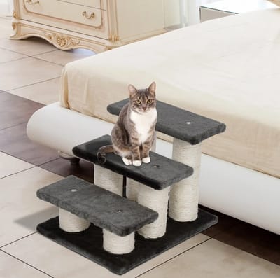 Wishdor - Dierentrap voor katten en honden - 3 treden met antislip - pluche en stabiel - voor sofa, bed en vensterbank - grijs - 45 x 35 x 34 cm